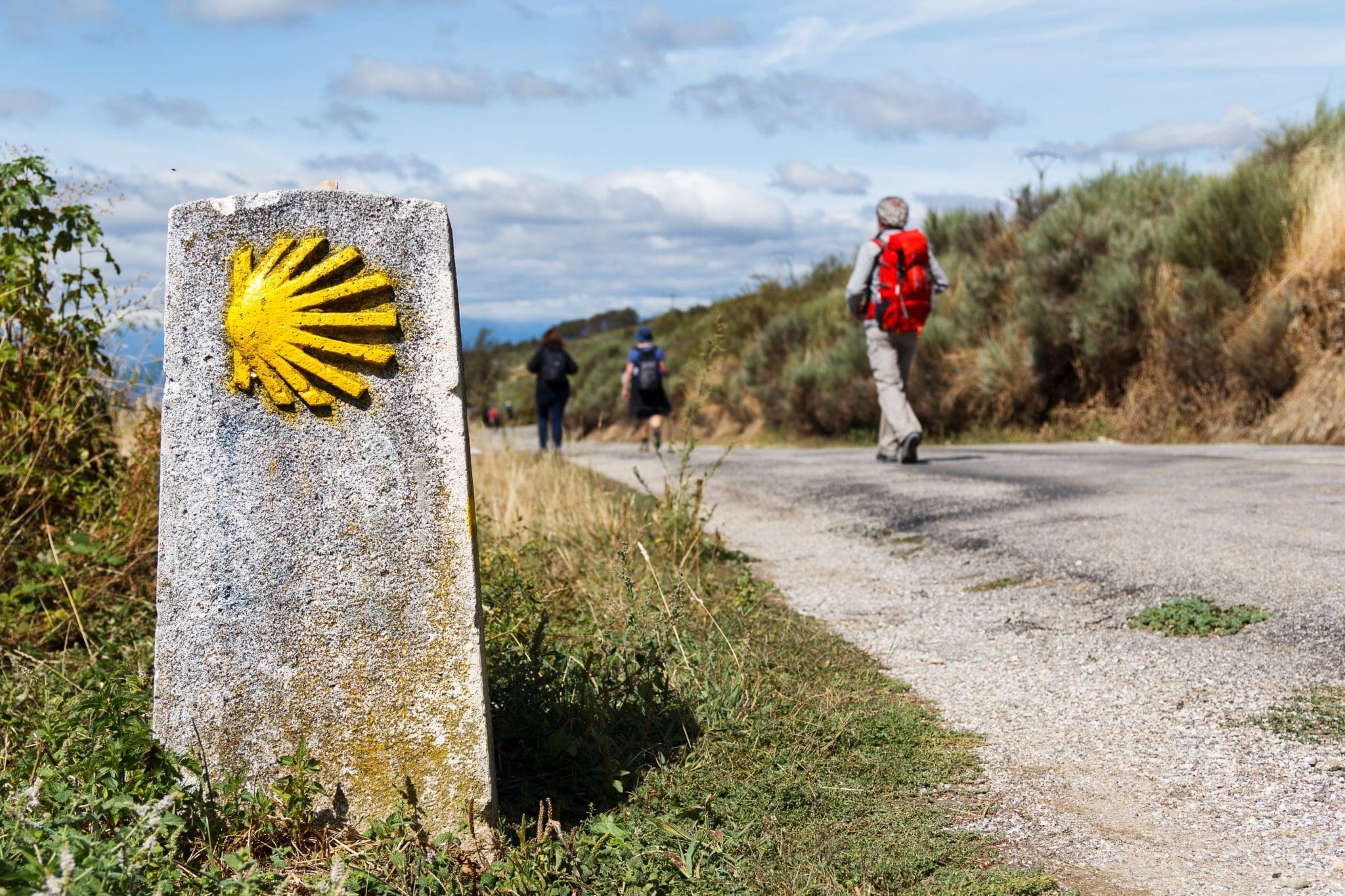 A yellow scallop shell marking the Camino