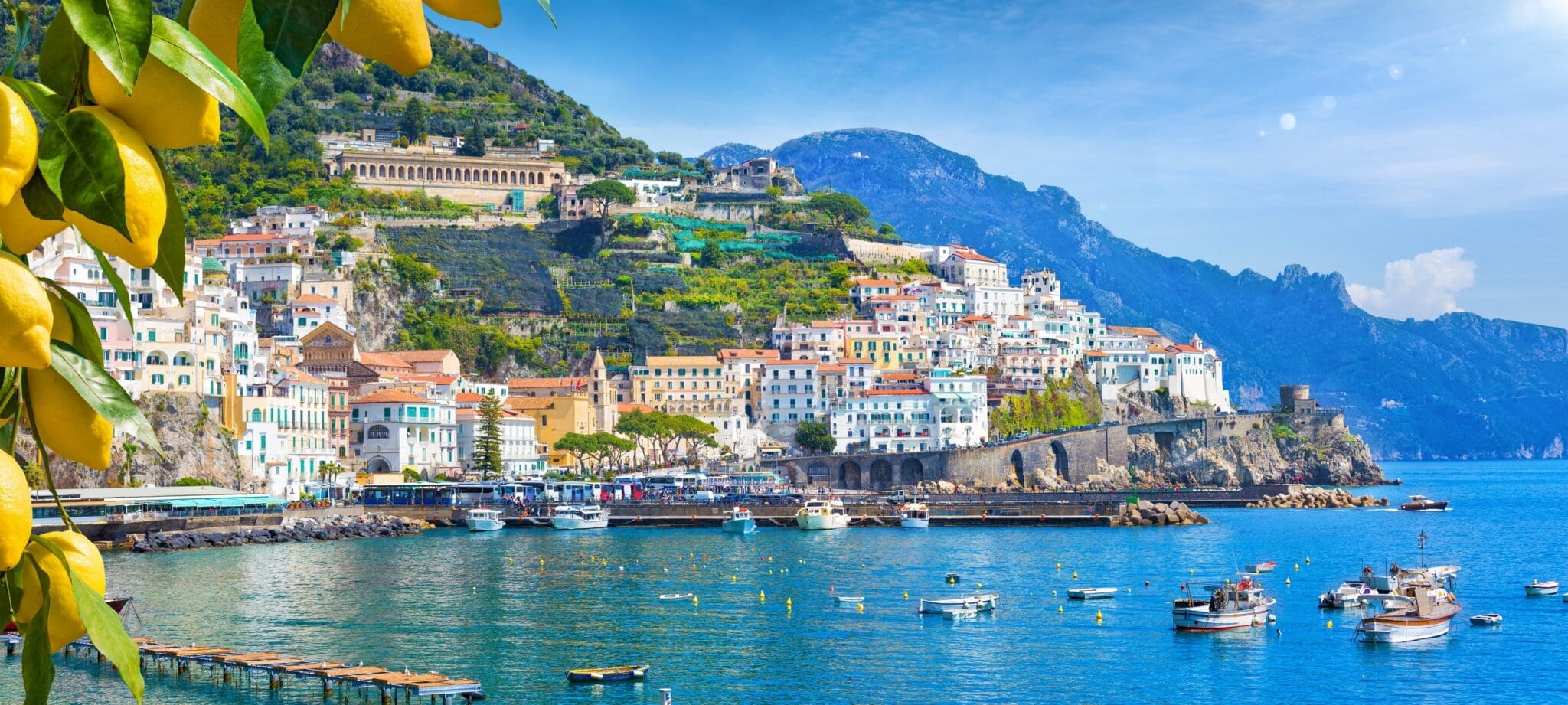 The town of Amalfi climbing the hills above the coast, Italy