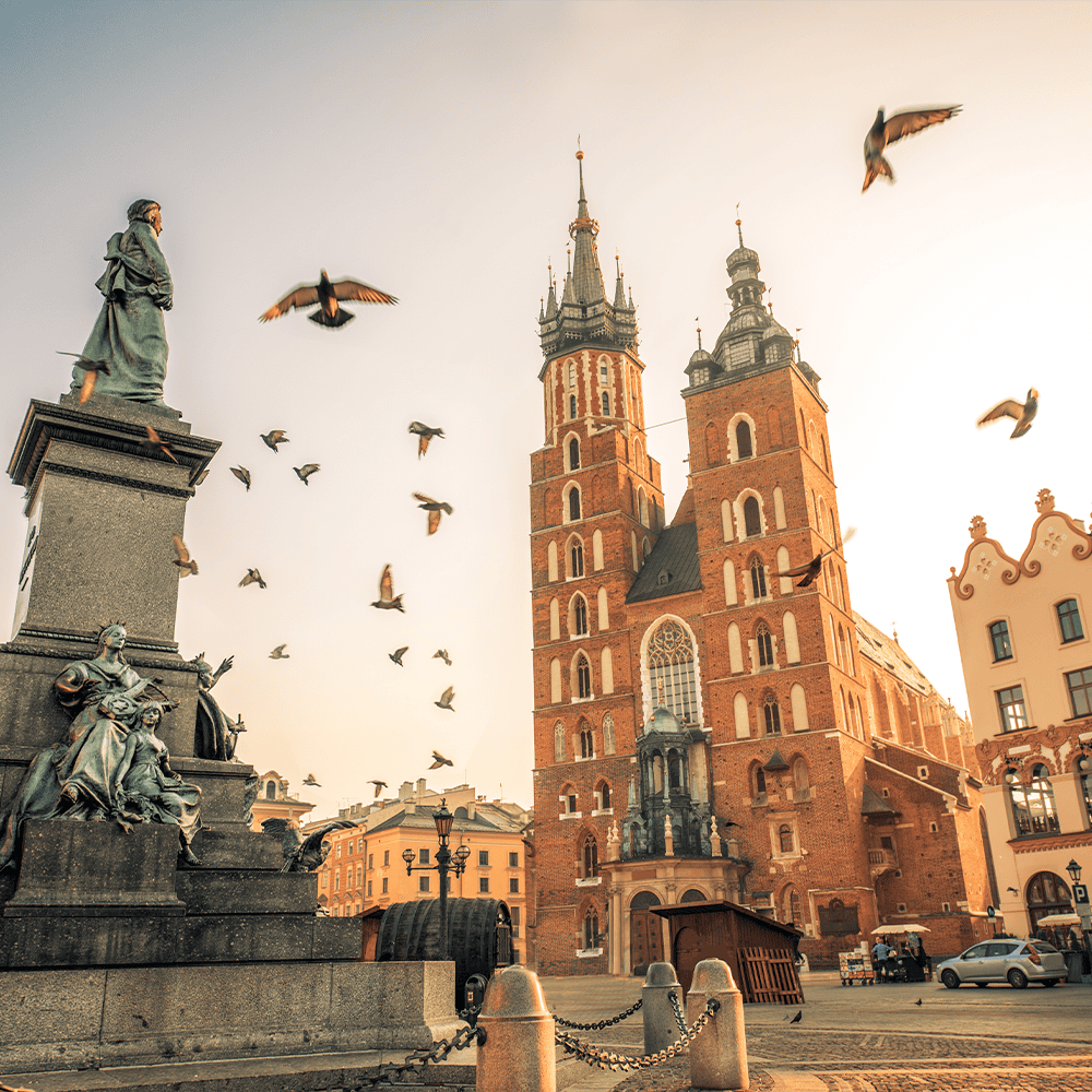 The towers of St. Mary’s Basilica on the Market Square at Kraków
