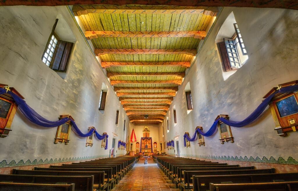 The painted nave of Mission San Diego de Alcala