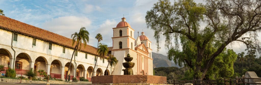 The fountain and facade of Old Mission Santa Barbara