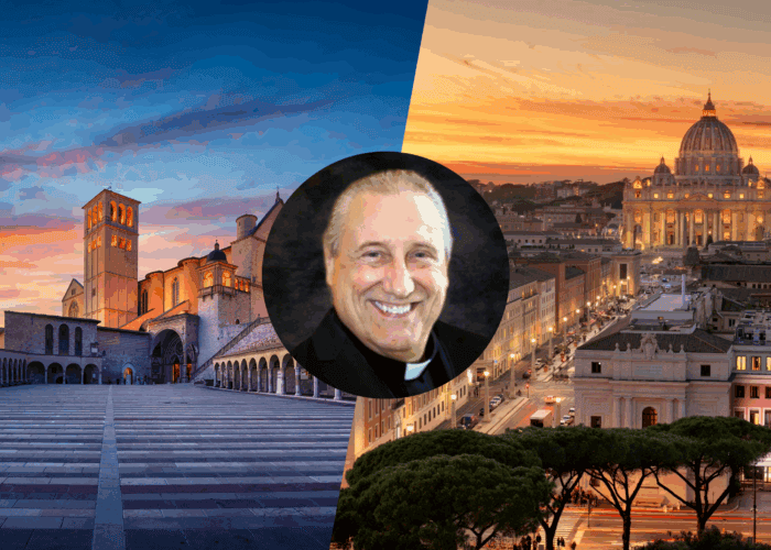 Promo heading photo for pilgrimage to Italy in the footsteps of St. Francis with Fr. Mark Wajda 2026. Background photos of St. Francis Basilica and St. Peters Basilica