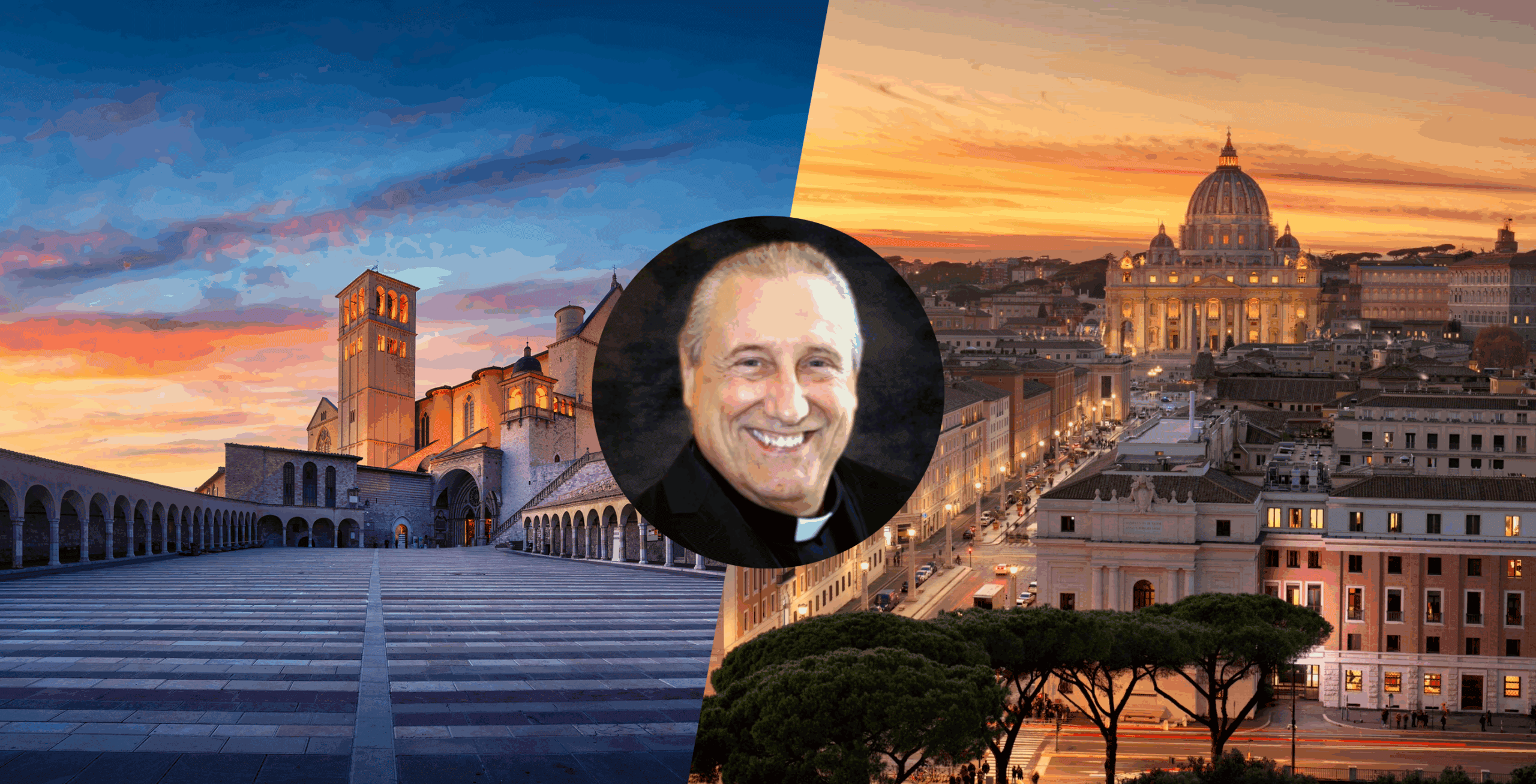 Promo heading photo for pilgrimage to Italy in the footsteps of St. Francis with Fr. Mark Wajda 2026. Background photos of St. Francis Basilica and St. Peters Basilica