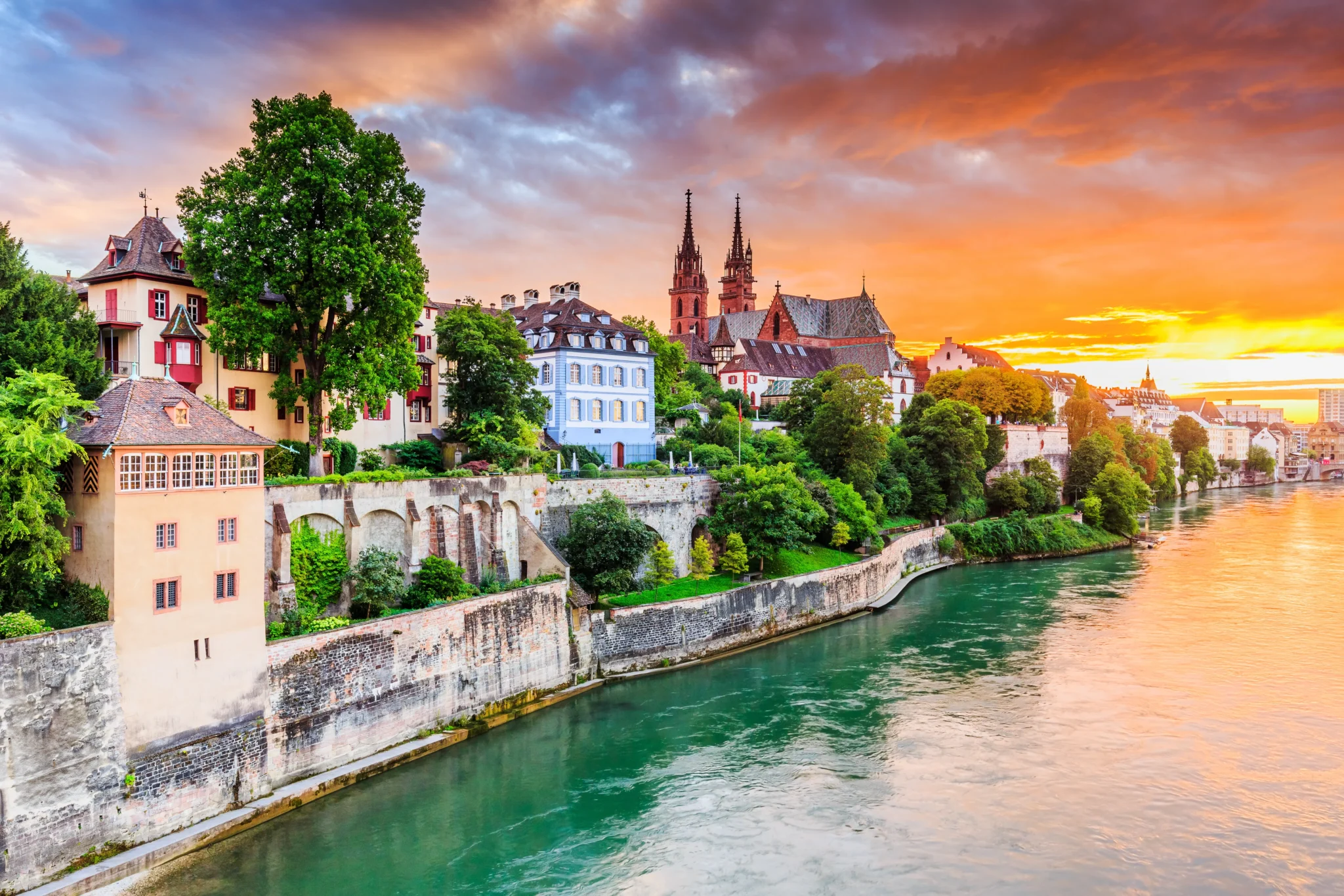 The old town of Basel and its cathedral towers above the Rhine