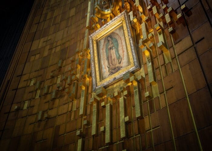 The miraculous image of Our Lady of Guadalupe on the tilma of St. Juan Diego, above the altar of the Basilica of Our Lady of Guadalupe in Mexico City
